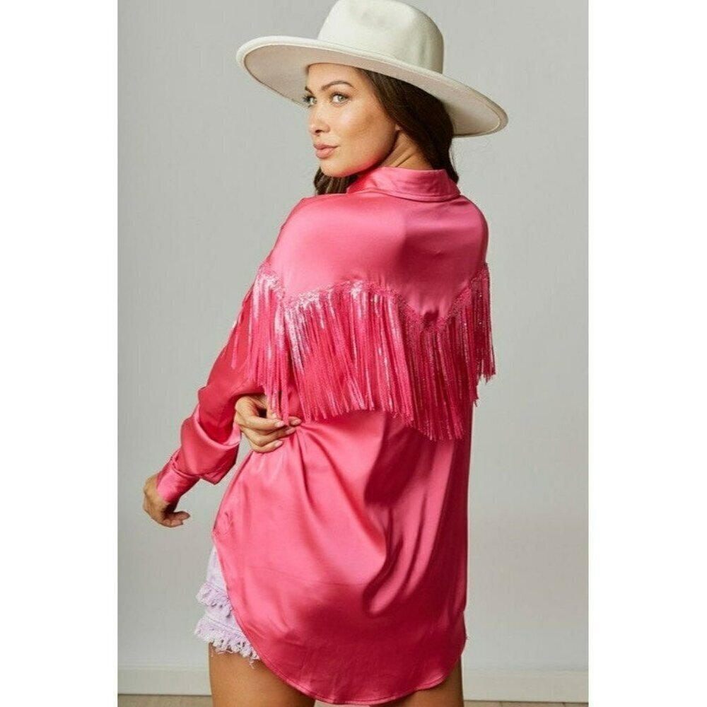 Flirty And Fringe Satin Shirt in Hot Pink - Picture 5 of 7
